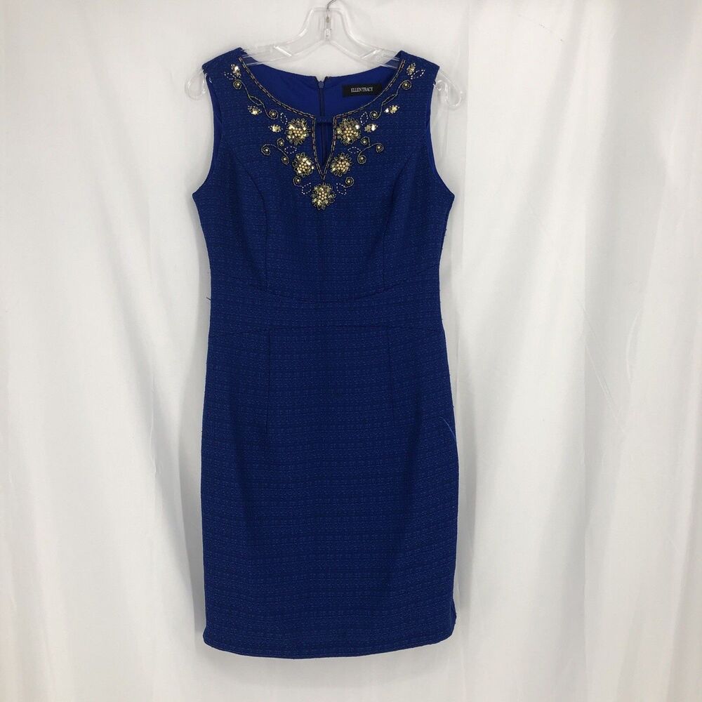 Ellen Tracy  Blue Sheath Tweed Sleeveless Dress Size 8 With Sequin Accents